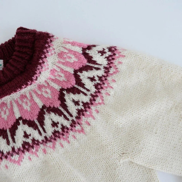 Vintage Handmade Grandma Cream Knit Pink Fair Isle Icelandic Fisherman Sweater M - Picture 12 of 13